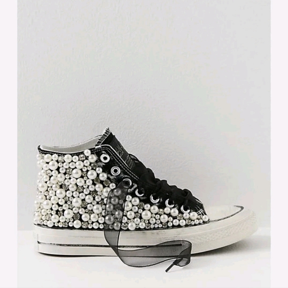 NEW Free People Nan-ku Pearl Crush Hi Top Sneakers in Pearly Black Rhinestone